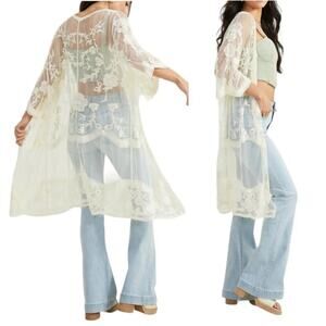 Adiva Boho Embroidered Lace Kimono Open Front Bell Sleeves size S Coastal Hippie